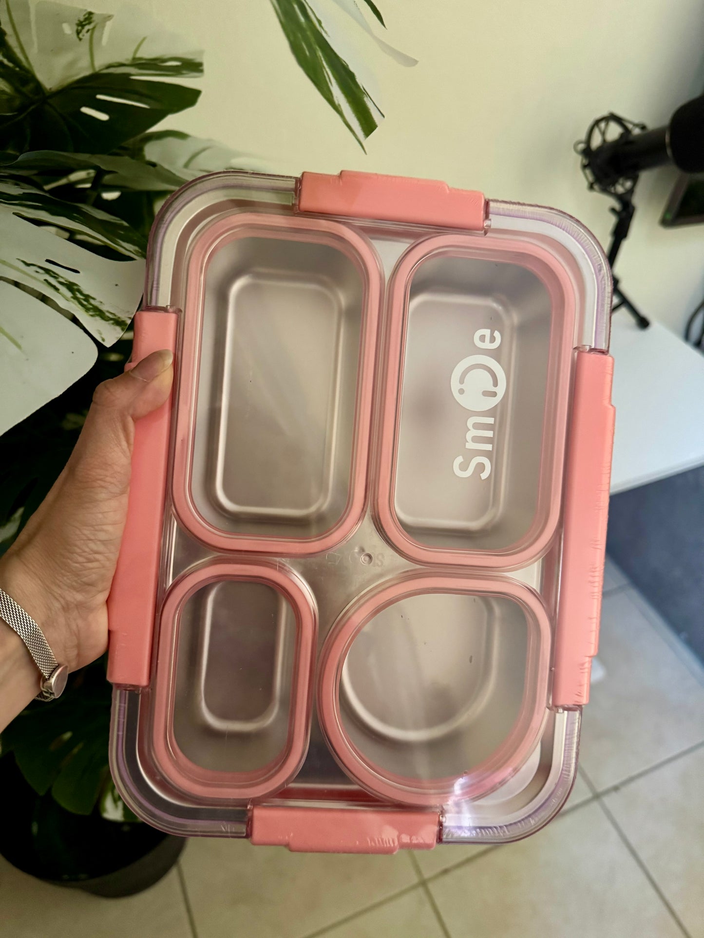 School Lunch Box (Stainless Steel) Pink Color For School with 4 Compartment