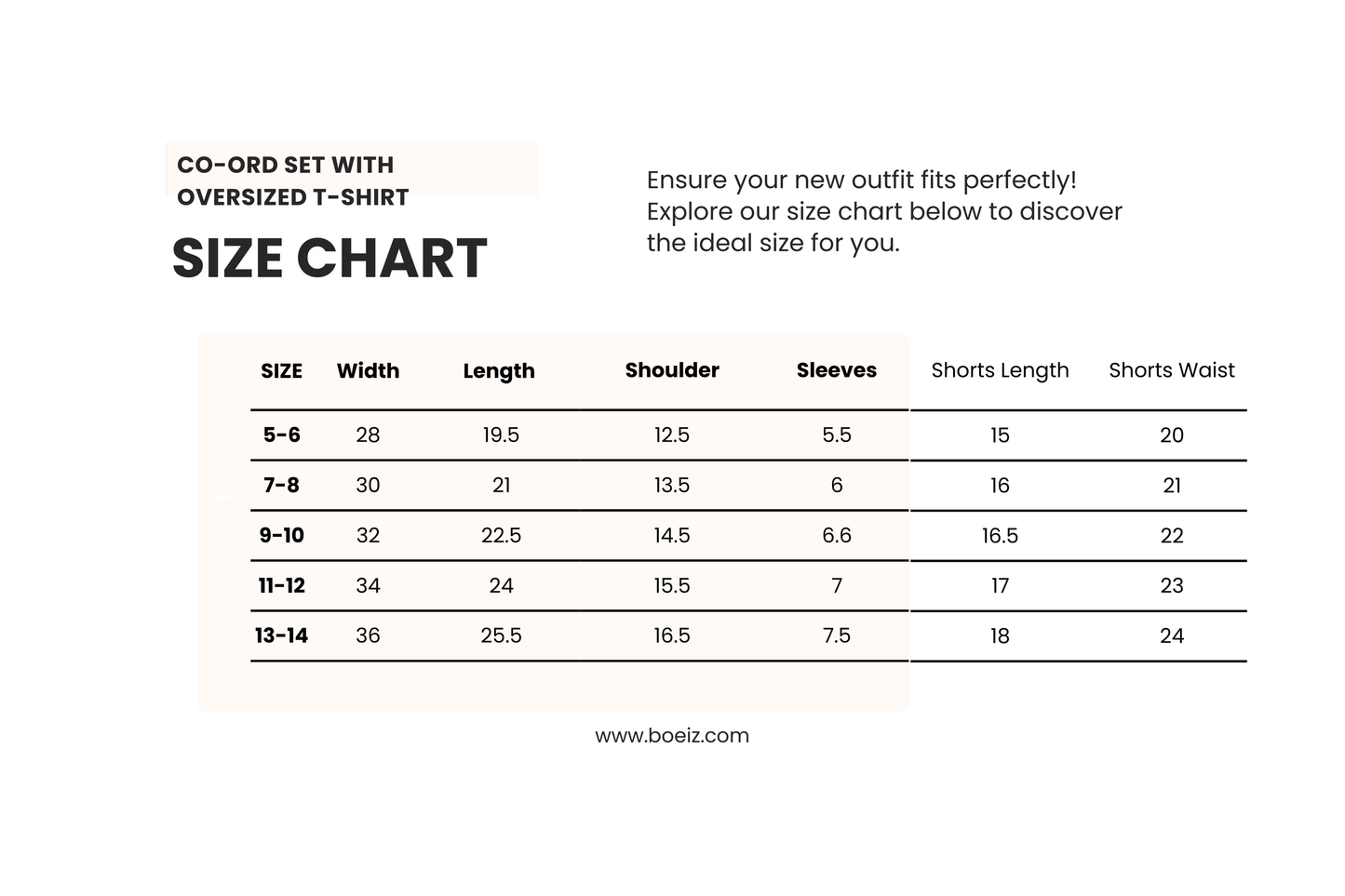 Boeiz Size Chart for Boys T-shirt and Shorts