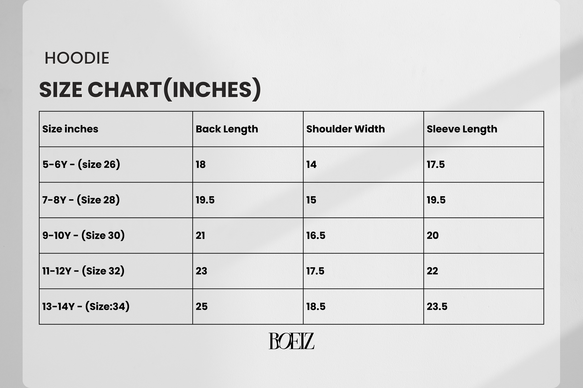 Boez Size chart of Hoodies, Boeiz Sweatshirt Measurement, inches, Boeiz Hoodie Size Chart