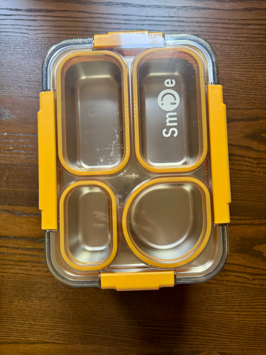 School Lunch Box (Stainless Steel) Yellow Lid For School with 4 Compartment